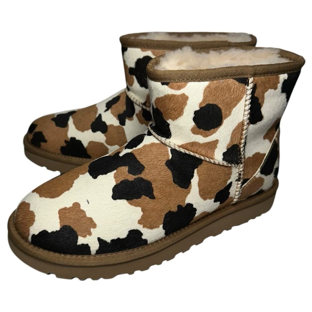 UGG Women’s Size 8 Brown Black White Classic Mini Cow Print Chestnut Fur Boots
